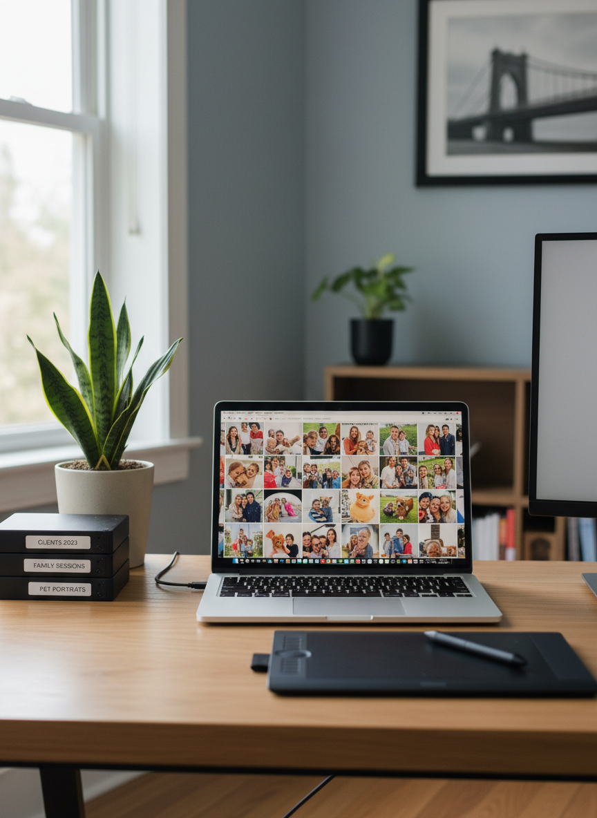A tidy wooden desk in a sunlit home office displays the digital side of a family photography business: a slim silver laptop showing a grid of colorful family and pet portrait thumbnails, a professional pen tablet with pressure-sensitive stylus, and a color-calibrated monitor partially visible at the edge of the frame. A small potted snake plant and a stack of neatly labeled external hard drives sit nearby. Soft, indirect daylight from a large window to the left creates clean, natural illumination with subtle reflections on the laptop’s metallic surface. Photographic realism, clean and modern composition shot at eye level with moderate depth of field, the mood is organized, professional, and quietly creative, representing the behind-the-scenes editing process of a lifestyle photographer in Cincinnati.