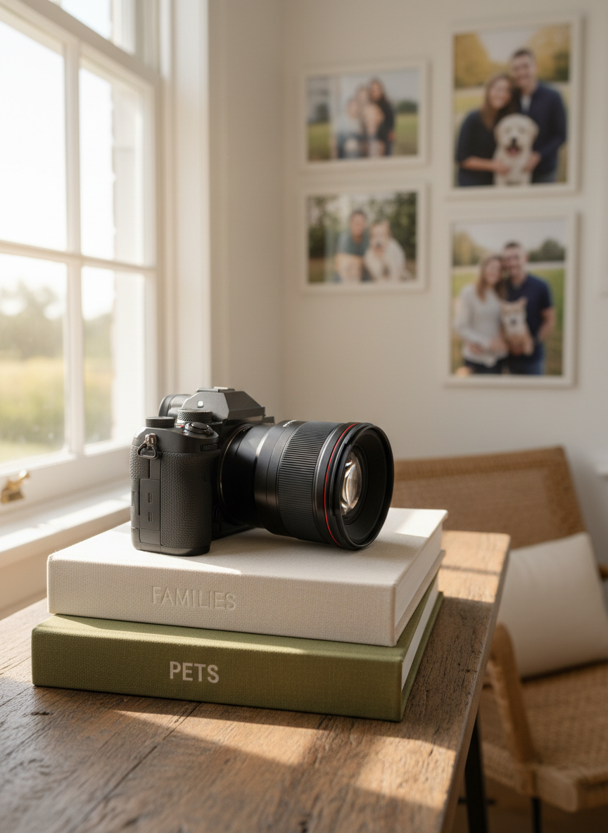 A high-end mirrorless camera with a sleek black body and a large portrait lens rests on a rustic wooden console table in a bright, modern home studio. Beside it, a stack of linen photo albums with embossed titles like “Families” and “Pets” fan out, their textured covers in muted earth tones. Soft morning light from a nearby window washes across the gear, creating gentle highlights on metal dials and subtle shadows in the album spines. In the background, out of focus, framed family and pet portraits line a white wall. Photographic realism, eye-level composition, shallow depth of field, calm and professional mood, conveying a lifestyle family photographer’s refined workspace.